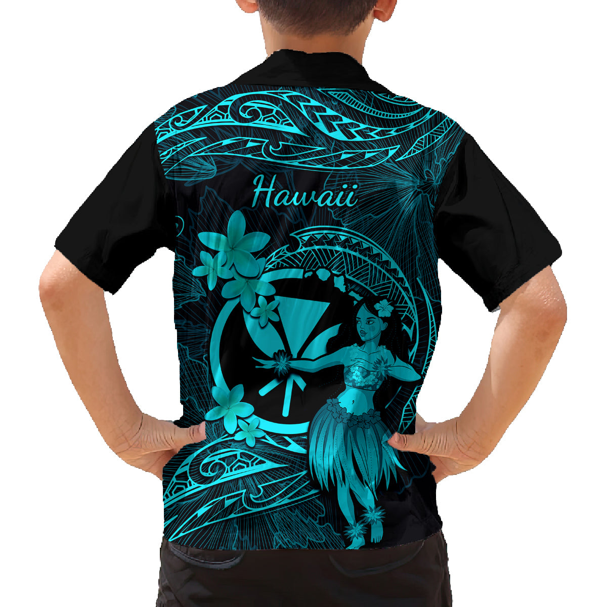 Hawaii Kid Hawaiian Shirt Hula Girl Mix Polynesian Plumeria Turquoise Version LT14 - Polynesian Pride
