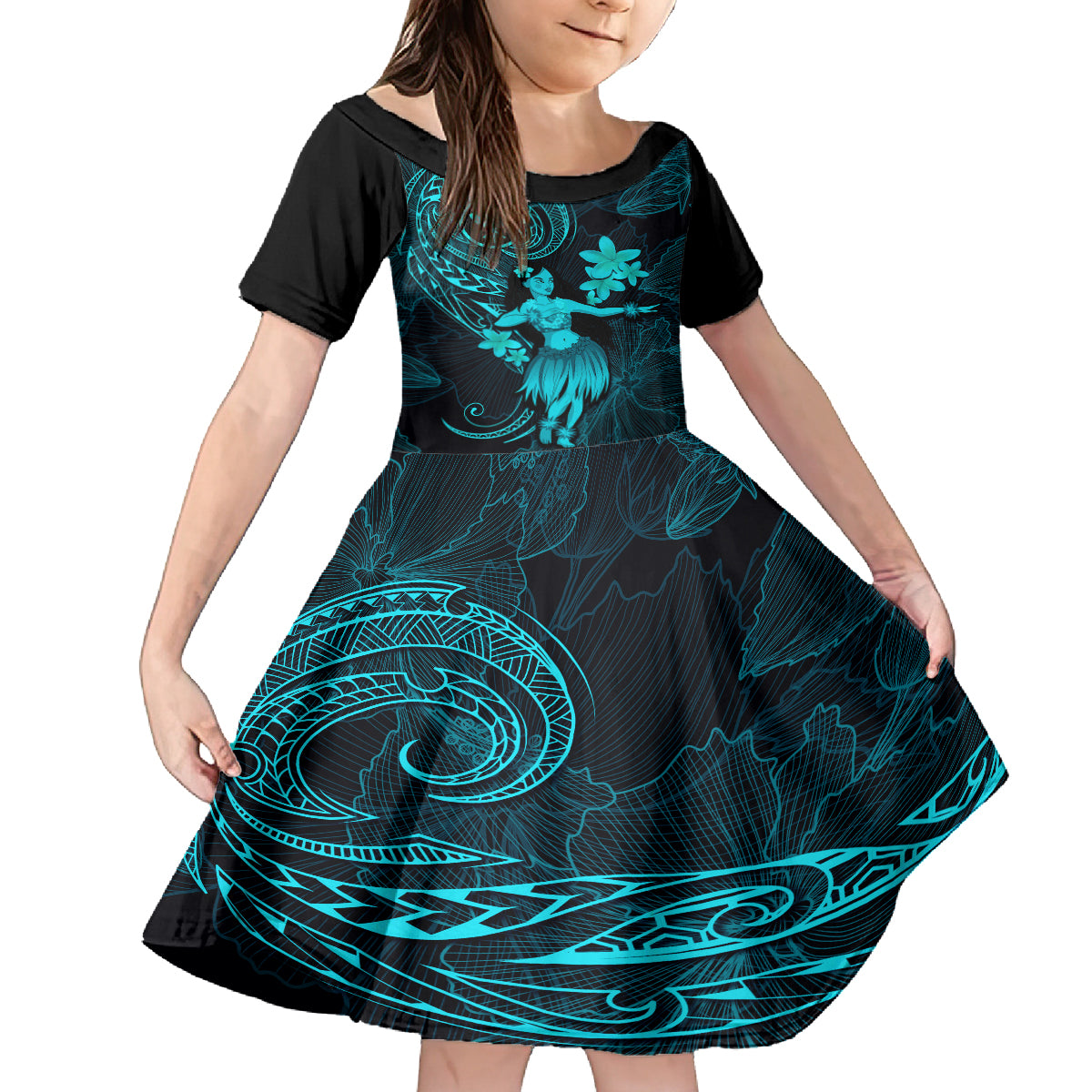 Hawaii Kid Short Sleeve Dress Hula Girl Mix Polynesian Plumeria Turquoise Version LT14 KID Turquoise - Polynesian Pride