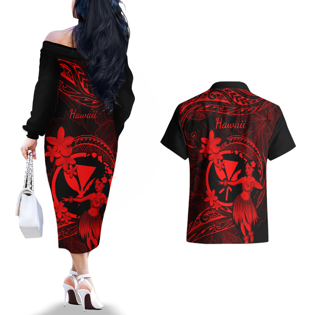 Hawaii Couples Matching Off The Shoulder Long Sleeve Dress and Hawaiian Shirt Hula Girl Mix Polynesian Plumeria Red Version LT14 - Polynesian Pride