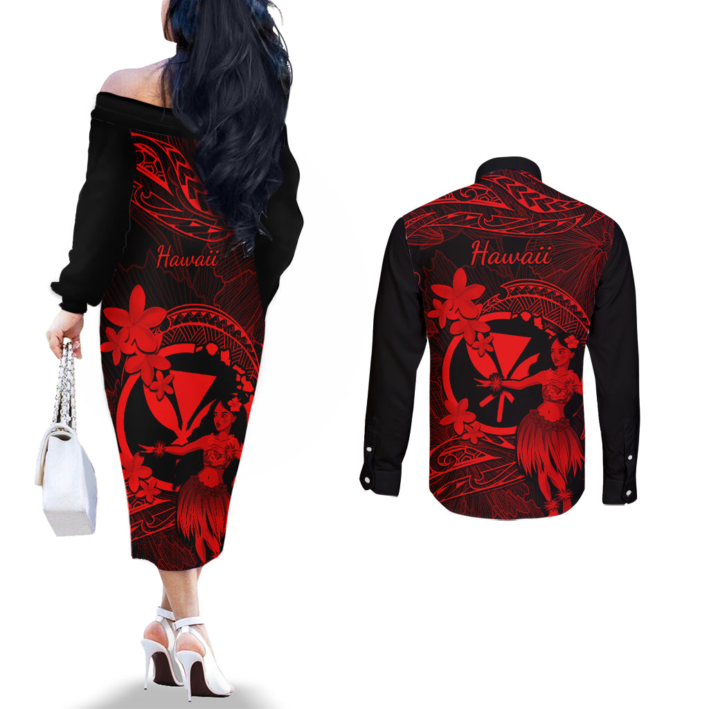 Hawaii Couples Matching Off The Shoulder Long Sleeve Dress and Long Sleeve Button Shirts Hula Girl Mix Polynesian Plumeria Red Version LT14 - Polynesian Pride