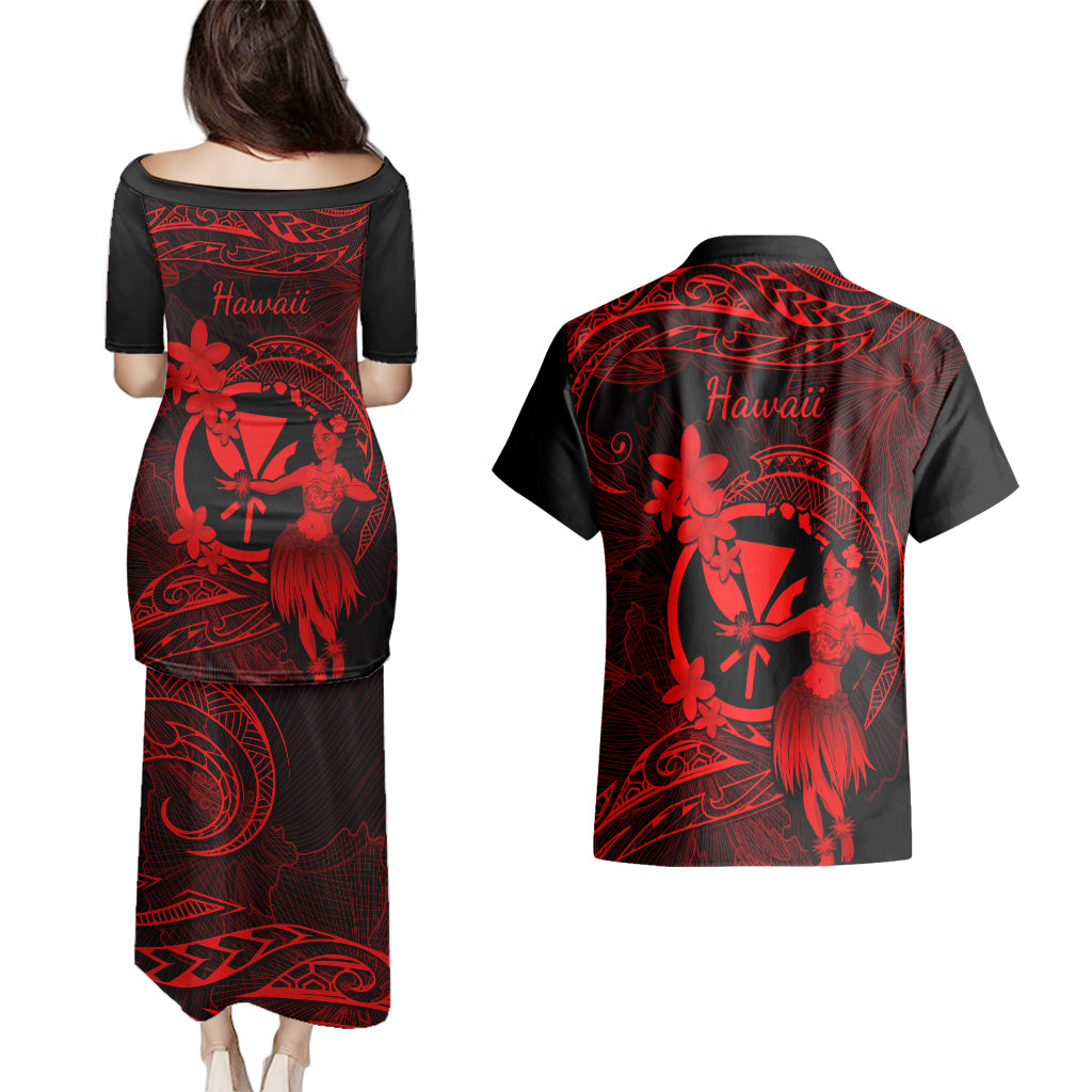 Hawaii Couples Matching Puletasi Dress and Hawaiian Shirt Hula Girl Mix Polynesian Plumeria Red Version LT14 - Polynesian Pride