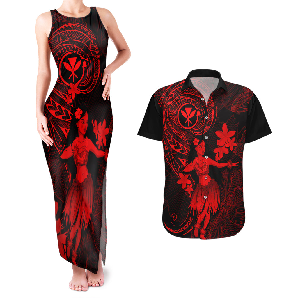 Hawaii Couples Matching Tank Maxi Dress and Hawaiian Shirt Hula Girl Mix Polynesian Plumeria Red Version LT14 Red - Polynesian Pride
