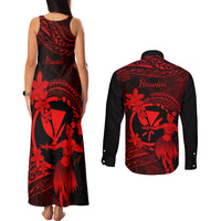 Hawaii Couples Matching Tank Maxi Dress and Long Sleeve Button Shirts Hula Girl Mix Polynesian Plumeria Red Version LT14 - Polynesian Pride