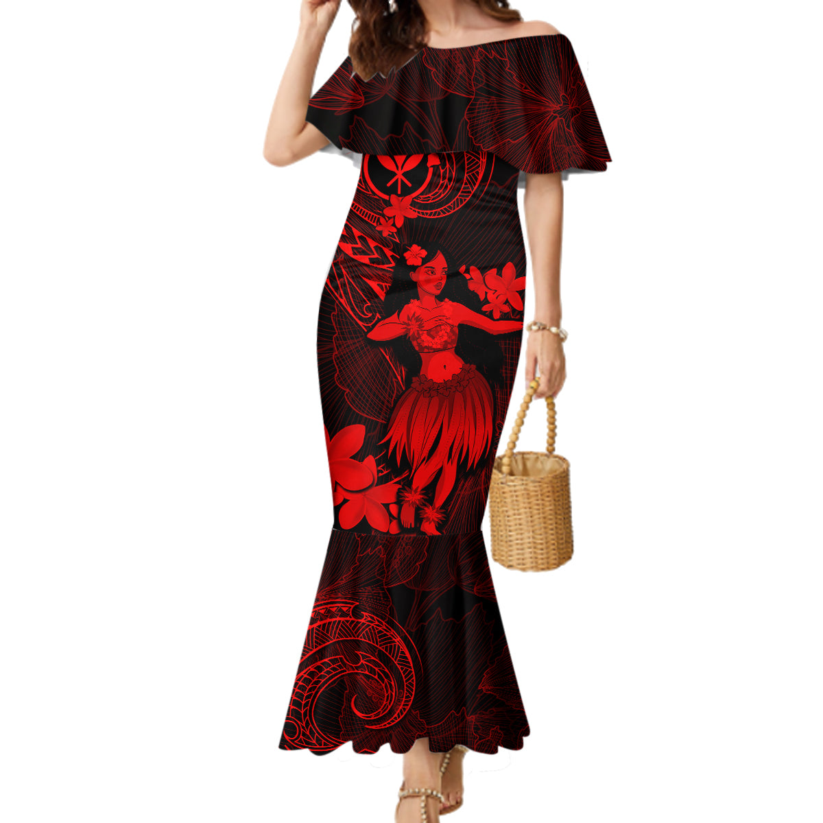 Hawaii Family Matching Mermaid Dress and Hawaiian Shirt Hula Girl Mix Polynesian Plumeria Red Version LT14 Mom's Dress Red - Polynesian Pride
