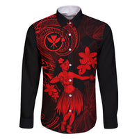 Hawaii Family Matching Off Shoulder Long Sleeve Dress and Hawaiian Shirt Hula Girl Mix Polynesian Plumeria Red Version LT14 Dad's Shirt - Long Sleeve Red - Polynesian Pride