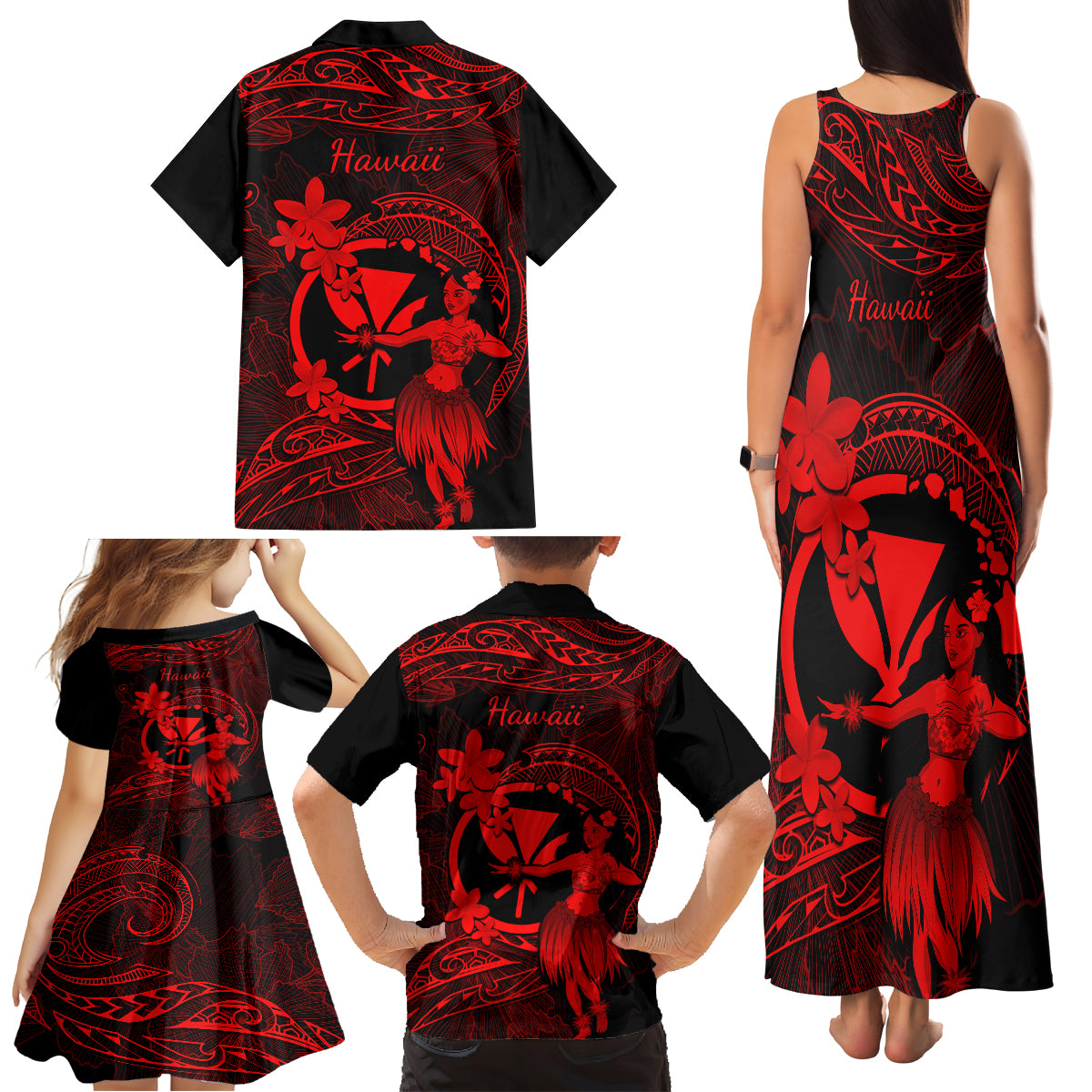 Hawaii Family Matching Tank Maxi Dress and Hawaiian Shirt Hula Girl Mix Polynesian Plumeria Red Version LT14 - Polynesian Pride