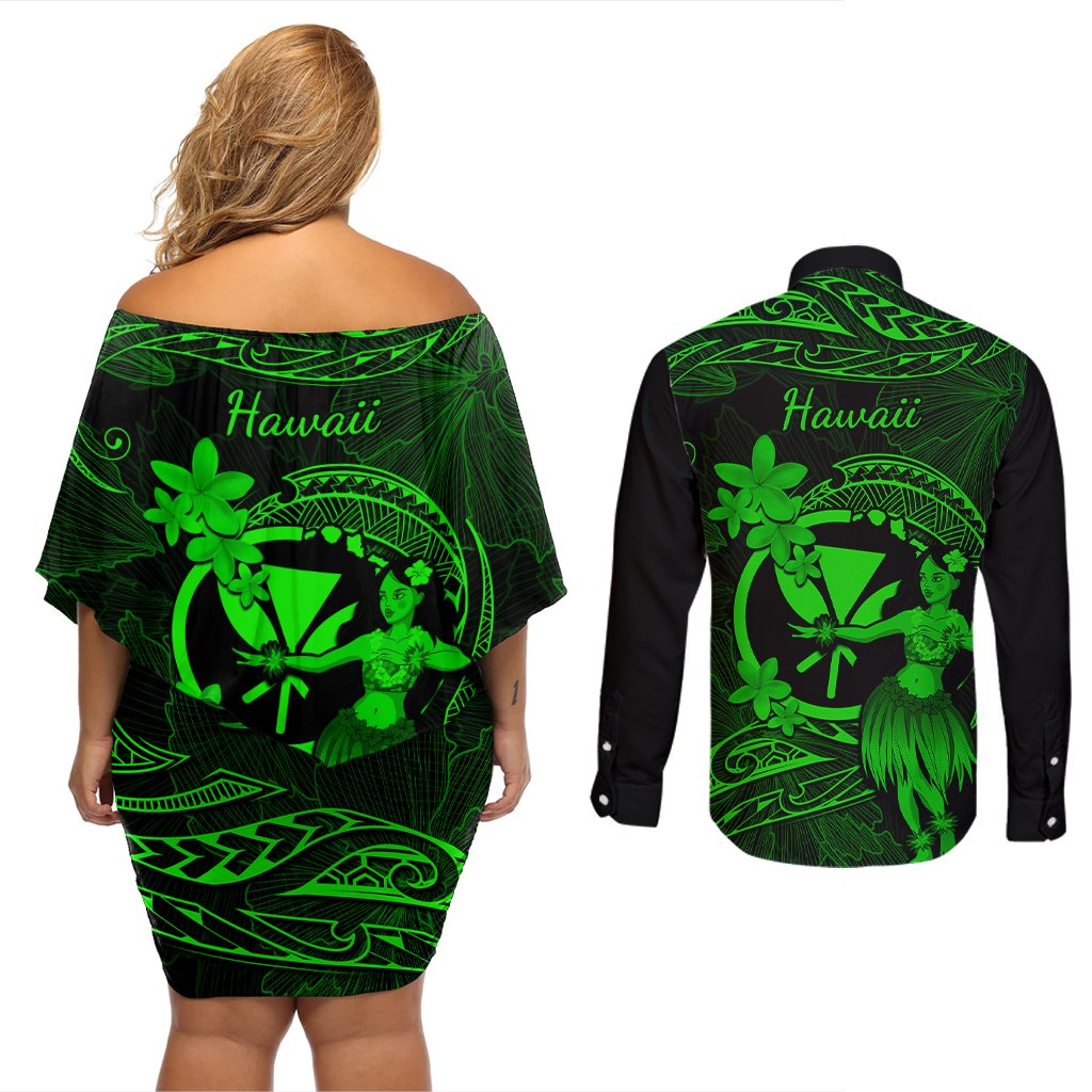 Hawaii Couples Matching Off Shoulder Short Dress and Long Sleeve Button Shirts Hula Girl Mix Polynesian Plumeria Green Version LT14 - Polynesian Pride
