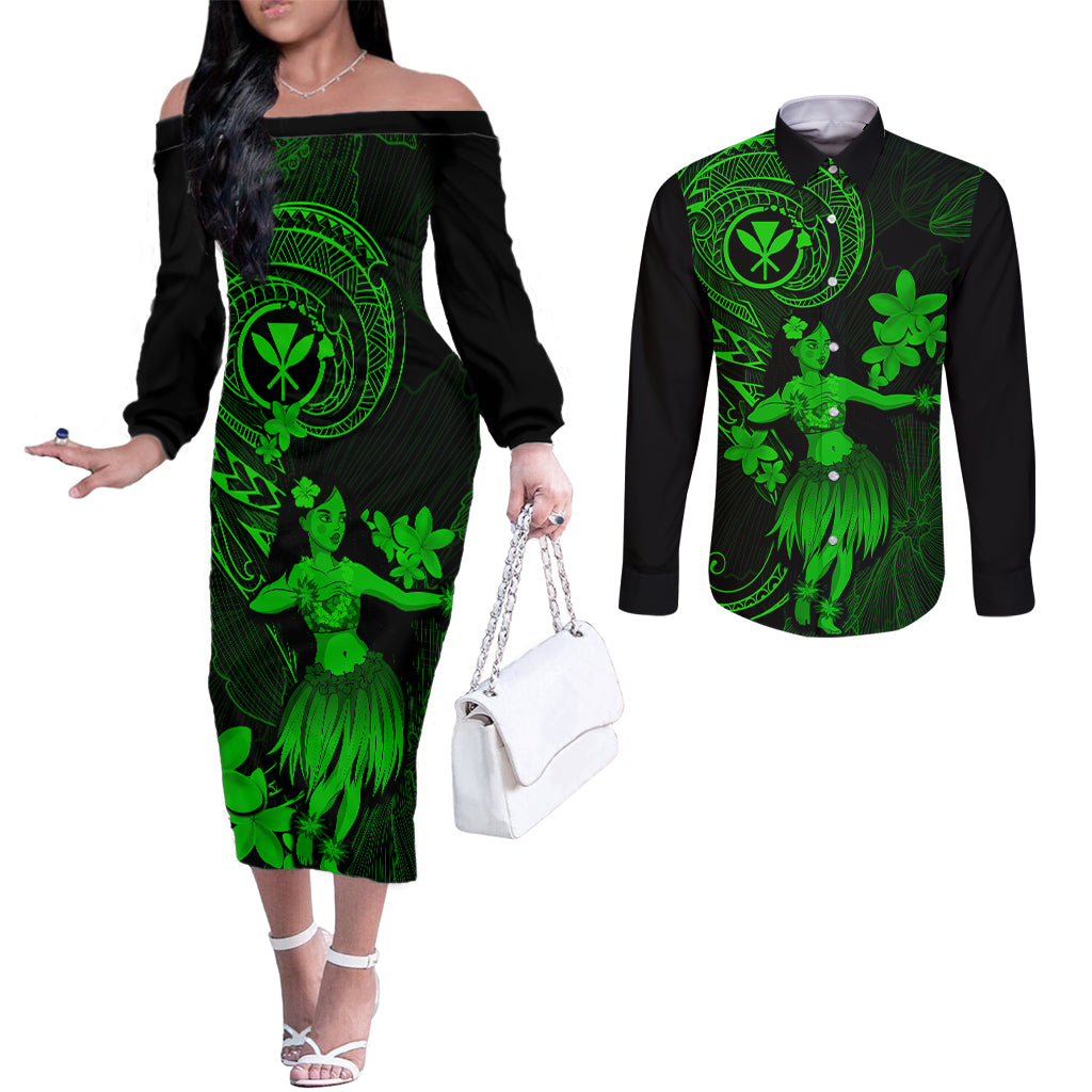 Hawaii Couples Matching Off The Shoulder Long Sleeve Dress and Long Sleeve Button Shirts Hula Girl Mix Polynesian Plumeria Green Version LT14 Green - Polynesian Pride