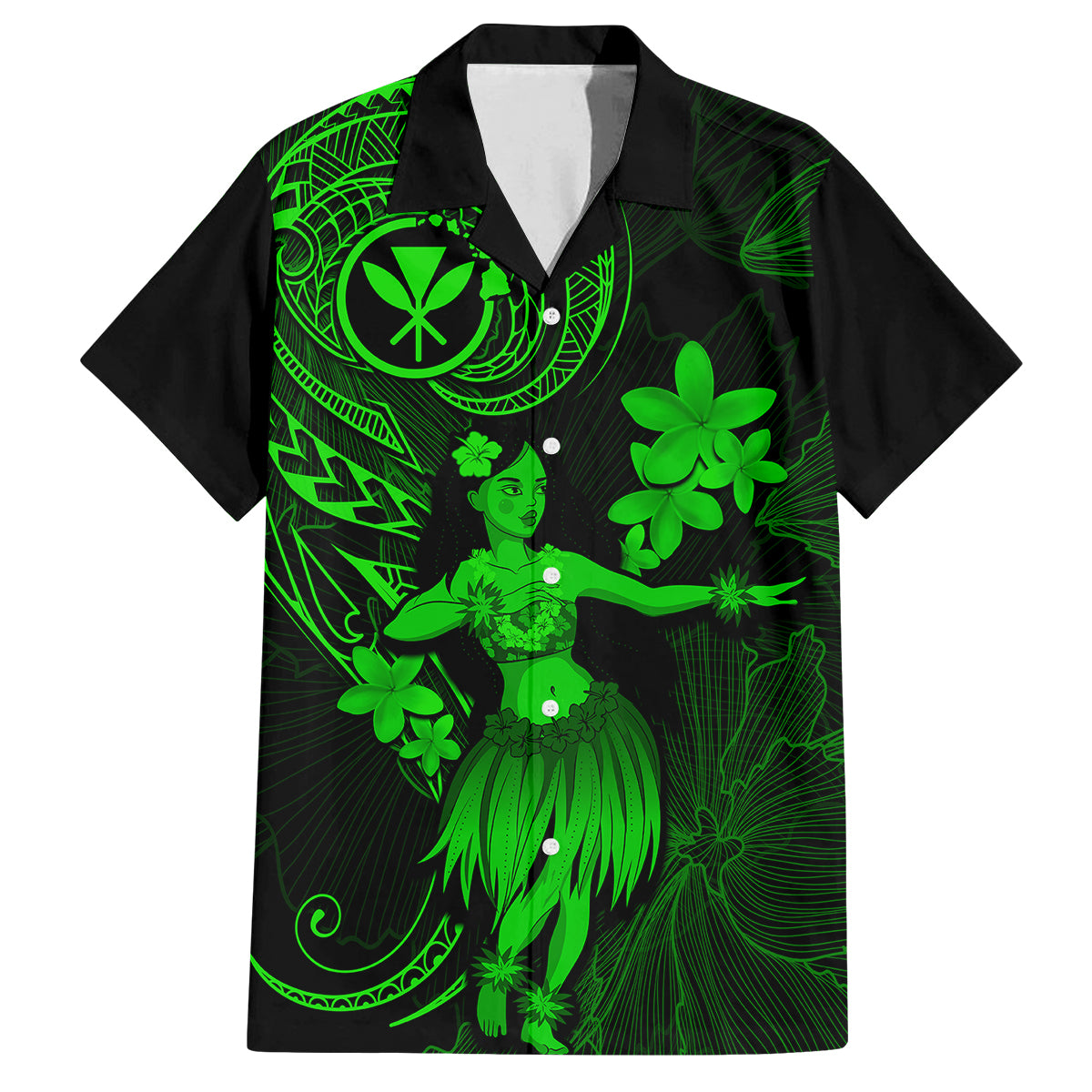 Hawaii Family Matching Off Shoulder Short Dress and Hawaiian Shirt Hula Girl Mix Polynesian Plumeria Green Version LT14 Dad's Shirt - Short Sleeve Green - Polynesian Pride