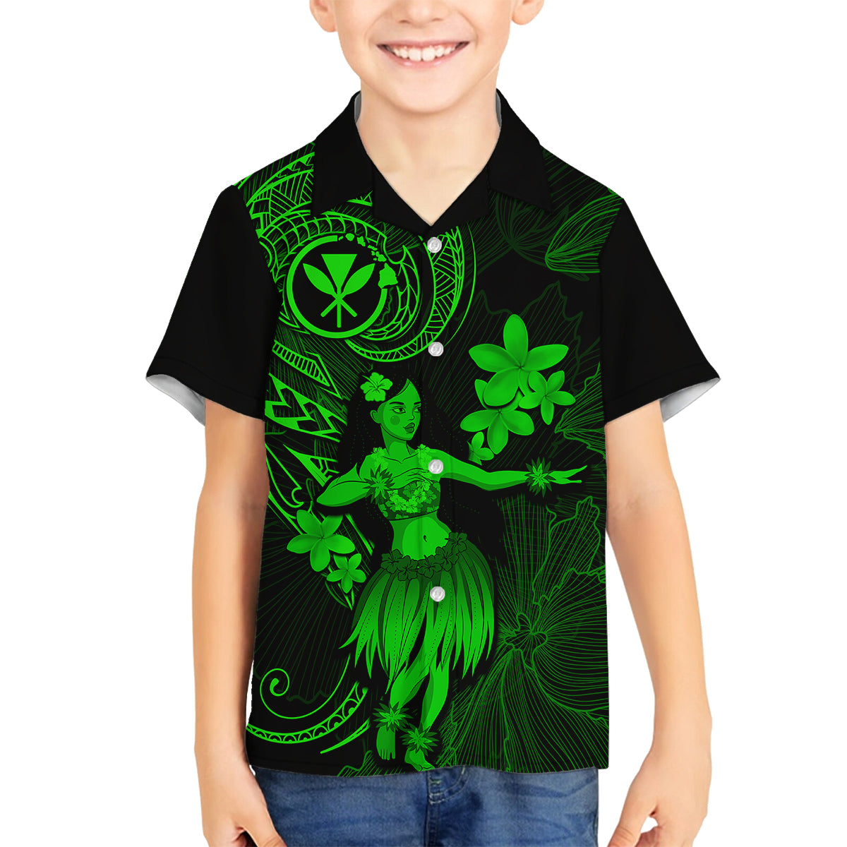 Hawaii Family Matching Summer Maxi Dress and Hawaiian Shirt Hula Girl Mix Polynesian Plumeria Green Version LT14 Dad's Shirt - Long Sleeve Green - Polynesian Pride