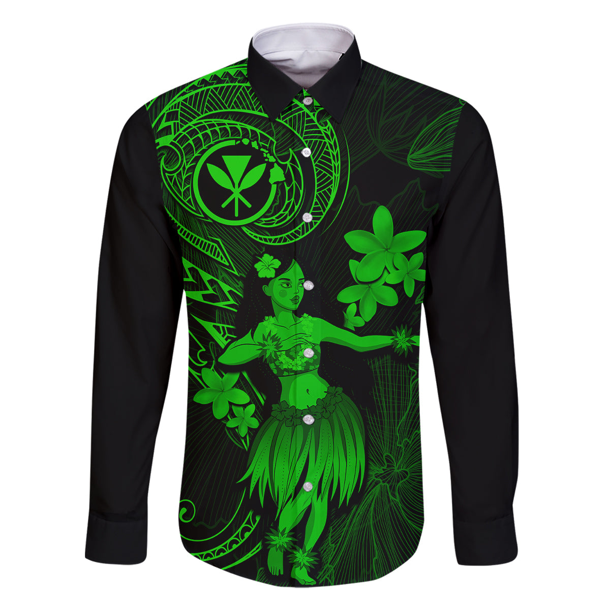 Hawaii Family Matching Tank Maxi Dress and Hawaiian Shirt Hula Girl Mix Polynesian Plumeria Green Version LT14 Dad's Shirt - Long Sleeve Green - Polynesian Pride