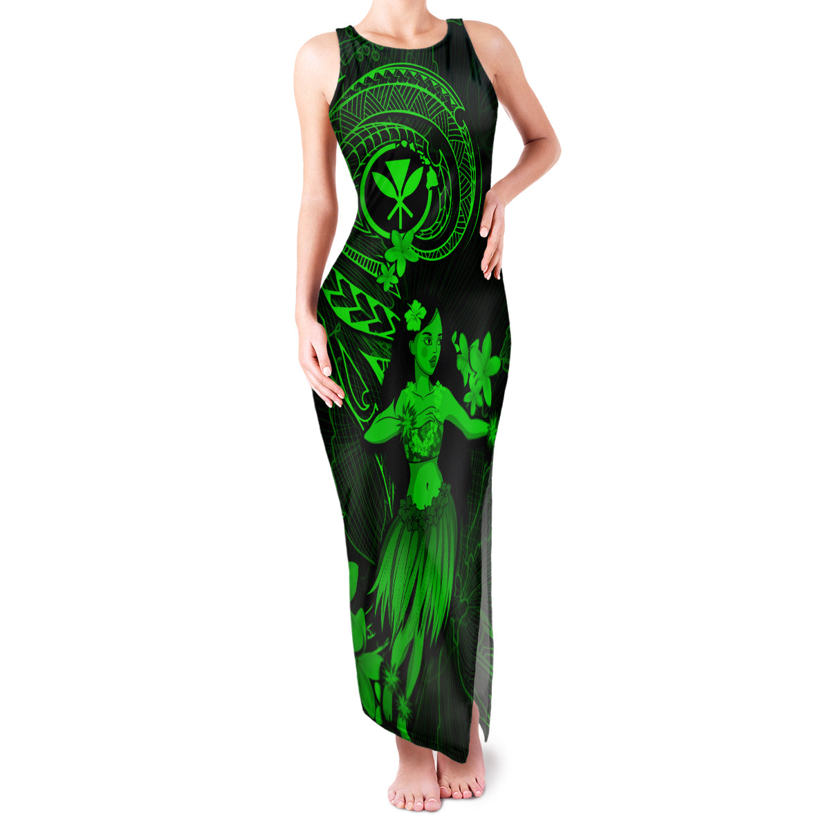 Hawaii Family Matching Tank Maxi Dress and Hawaiian Shirt Hula Girl Mix Polynesian Plumeria Green Version LT14 Mom's Dress Green - Polynesian Pride