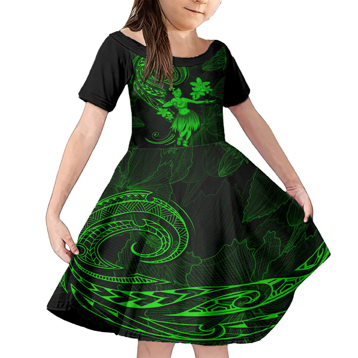 Hawaii Kid Short Sleeve Dress Hula Girl Mix Polynesian Plumeria Green Version LT14 KID Green - Polynesian Pride