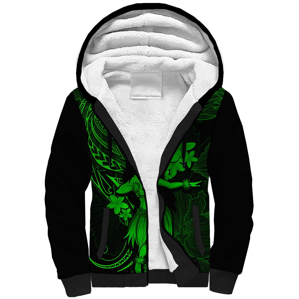 Hawaii Sherpa Hoodie Hula Girl Mix Polynesian Plumeria Green Version LT14 Unisex Green - Polynesian Pride
