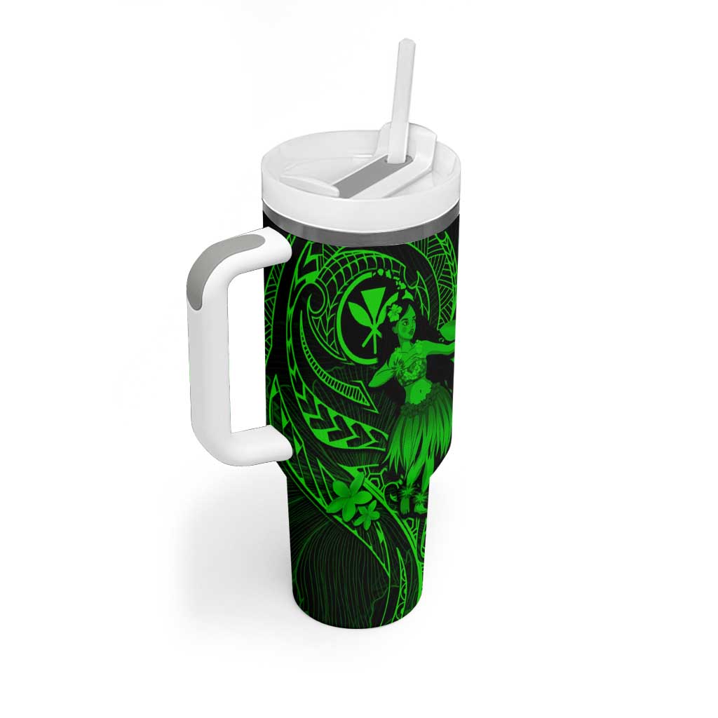 Hawaii Tumbler With Handle Hula Girl Mix Polynesian Plumeria Green Version