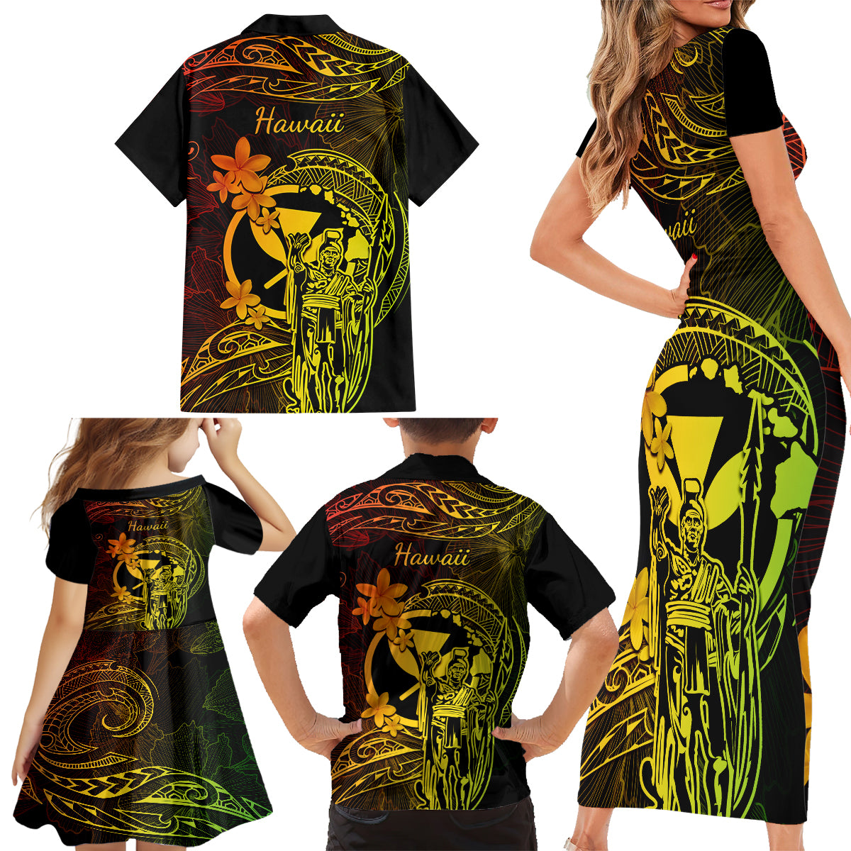 Hawaii Family Matching Short Sleeve Bodycon Dress and Hawaiian Shirt King Kamehameha Mix Polynesian Plumeria Reggae Version LT14 - Polynesian Pride