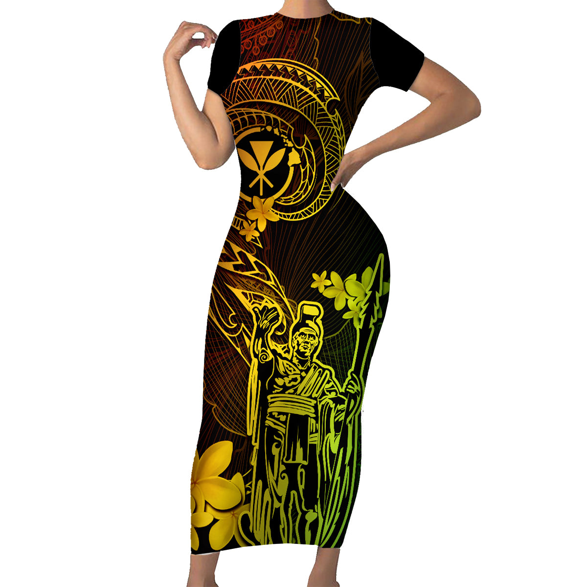Hawaii Family Matching Short Sleeve Bodycon Dress and Hawaiian Shirt King Kamehameha Mix Polynesian Plumeria Reggae Version LT14 Mom's Dress Reggae - Polynesian Pride