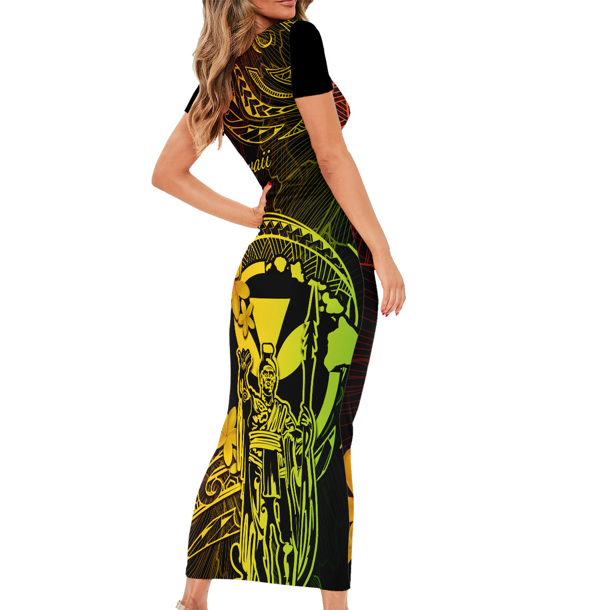 Hawaii Family Matching Short Sleeve Bodycon Dress and Hawaiian Shirt King Kamehameha Mix Polynesian Plumeria Reggae Version LT14 - Polynesian Pride