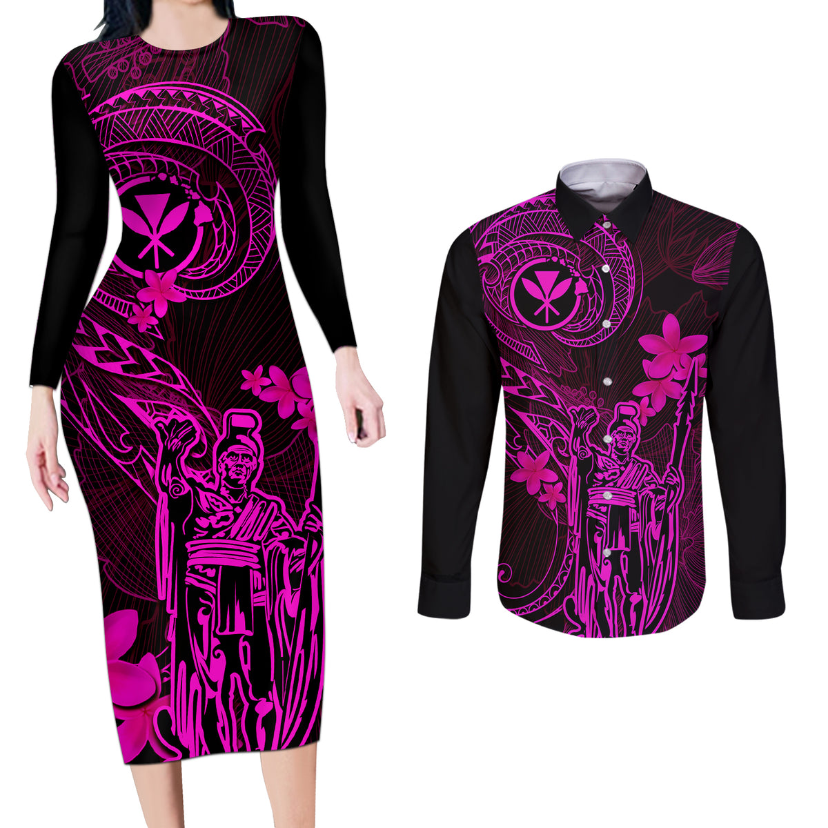 Hawaii Couples Matching Long Sleeve Bodycon Dress and Long Sleeve Button Shirts King Kamehameha Mix Polynesian Plumeria Pink Version LT14 Pink - Polynesian Pride