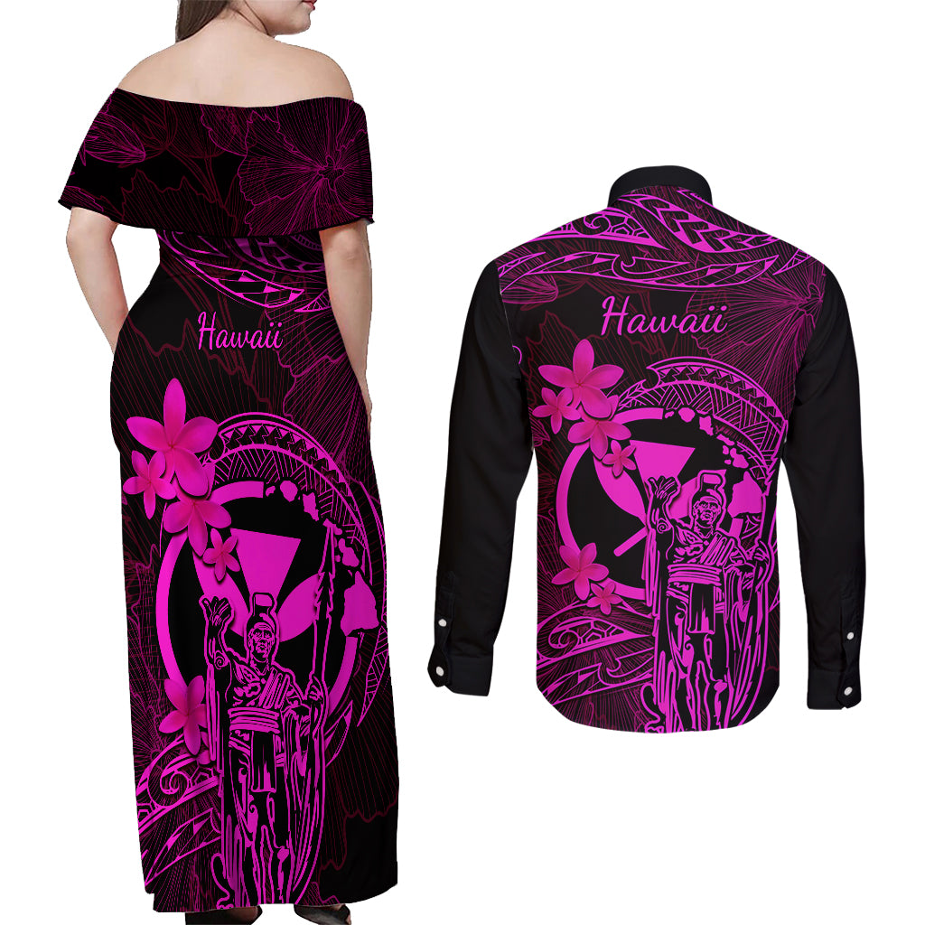 Hawaii Couples Matching Off Shoulder Maxi Dress and Long Sleeve Button Shirts King Kamehameha Mix Polynesian Plumeria Pink Version LT14 - Polynesian Pride
