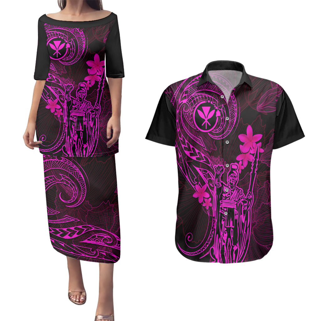 Hawaii Couples Matching Puletasi Dress and Hawaiian Shirt King Kamehameha Mix Polynesian Plumeria Pink Version LT14 Pink - Polynesian Pride