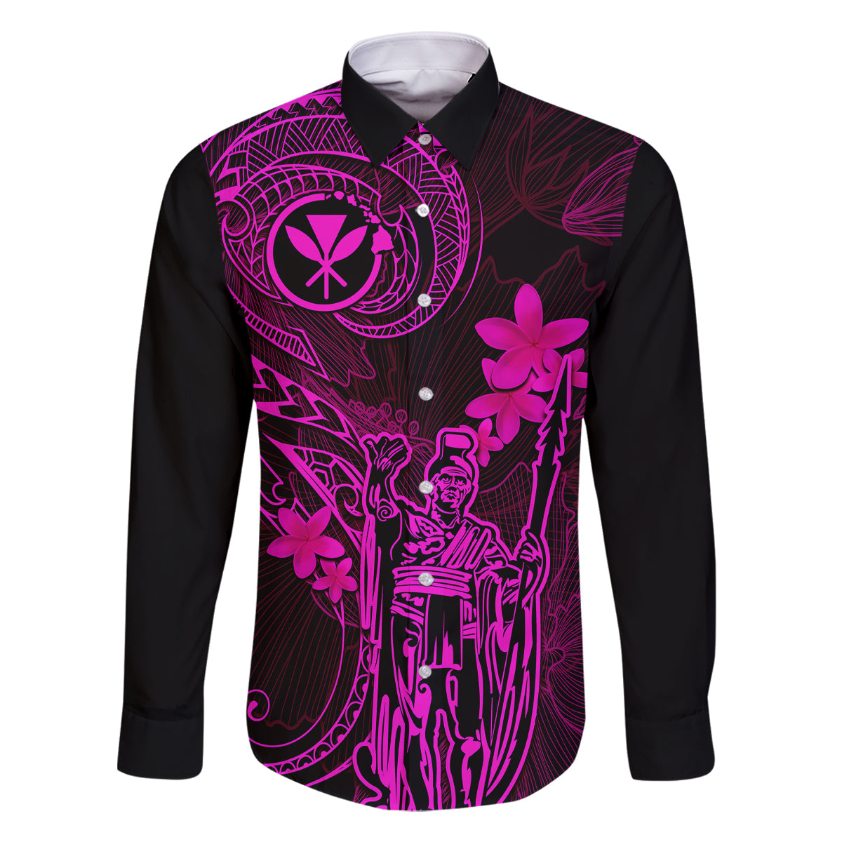 Hawaii Family Matching Tank Maxi Dress and Hawaiian Shirt King Kamehameha Mix Polynesian Plumeria Pink Version LT14 Dad's Shirt - Long Sleeve Pink - Polynesian Pride
