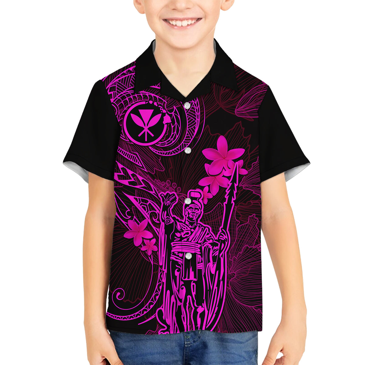 Hawaii Family Matching Tank Maxi Dress and Hawaiian Shirt King Kamehameha Mix Polynesian Plumeria Pink Version LT14 Son's Shirt Pink - Polynesian Pride