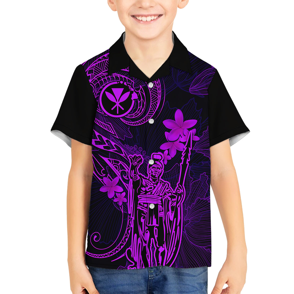 Hawaii Family Matching Mermaid Dress and Hawaiian Shirt King Kamehameha Mix Polynesian Plumeria Purple Version LT14 Son's Shirt Purple - Polynesian Pride