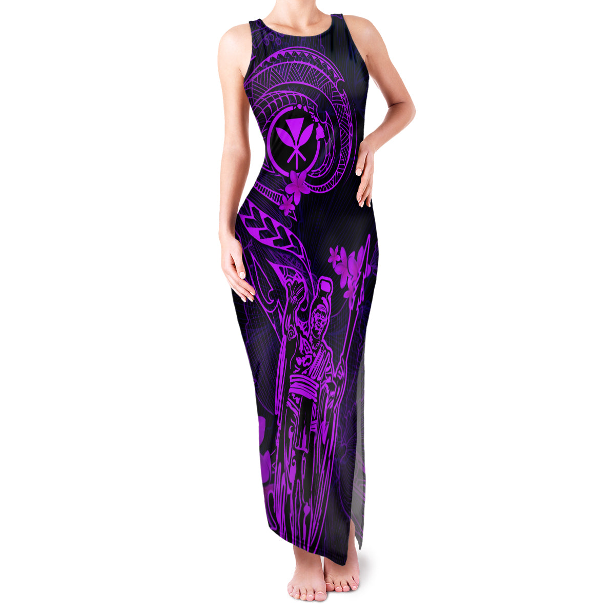Hawaii Family Matching Tank Maxi Dress and Hawaiian Shirt King Kamehameha Mix Polynesian Plumeria Purple Version LT14 Mom's Dress Purple - Polynesian Pride