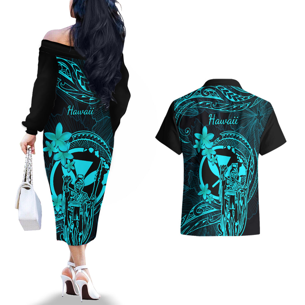 Hawaii Couples Matching Off The Shoulder Long Sleeve Dress and Hawaiian Shirt King Kamehameha Mix Polynesian Plumeria Turquoise Version LT14 - Polynesian Pride