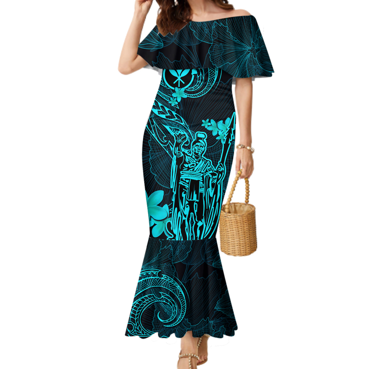 Hawaii Family Matching Mermaid Dress and Hawaiian Shirt King Kamehameha Mix Polynesian Plumeria Turquoise Version LT14 Mom's Dress Turquoise - Polynesian Pride
