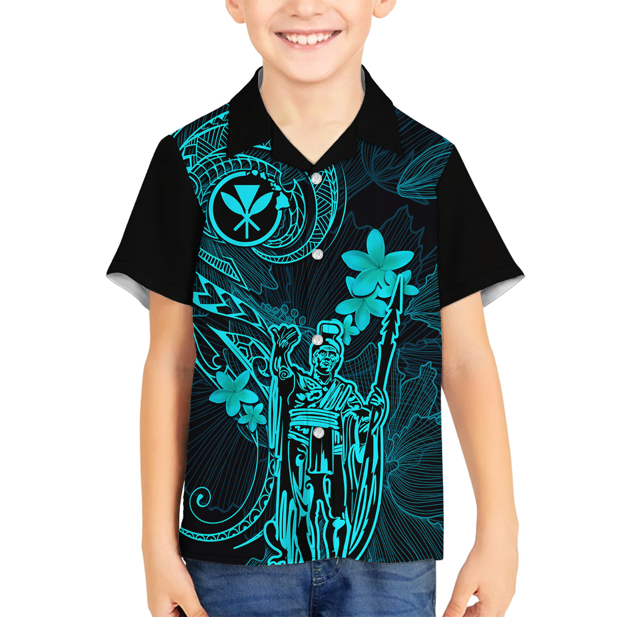 Hawaii Family Matching Off Shoulder Maxi Dress and Hawaiian Shirt King Kamehameha Mix Polynesian Plumeria Turquoise Version LT14 Son's Shirt Turquoise - Polynesian Pride