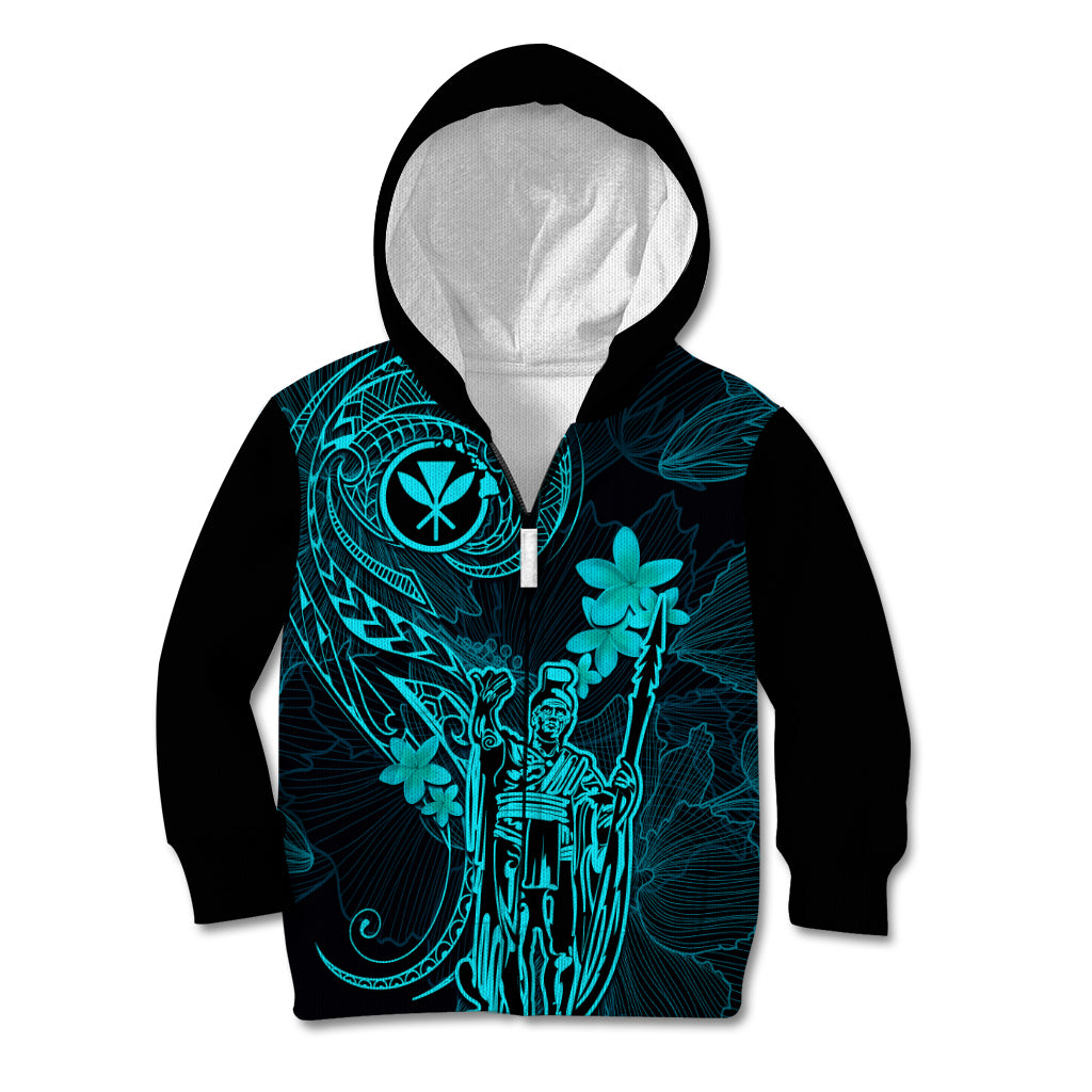 Hawaii Kid Hoodie King Kamehameha Mix Polynesian Plumeria Turquoise Version LT14 - Polynesian Pride