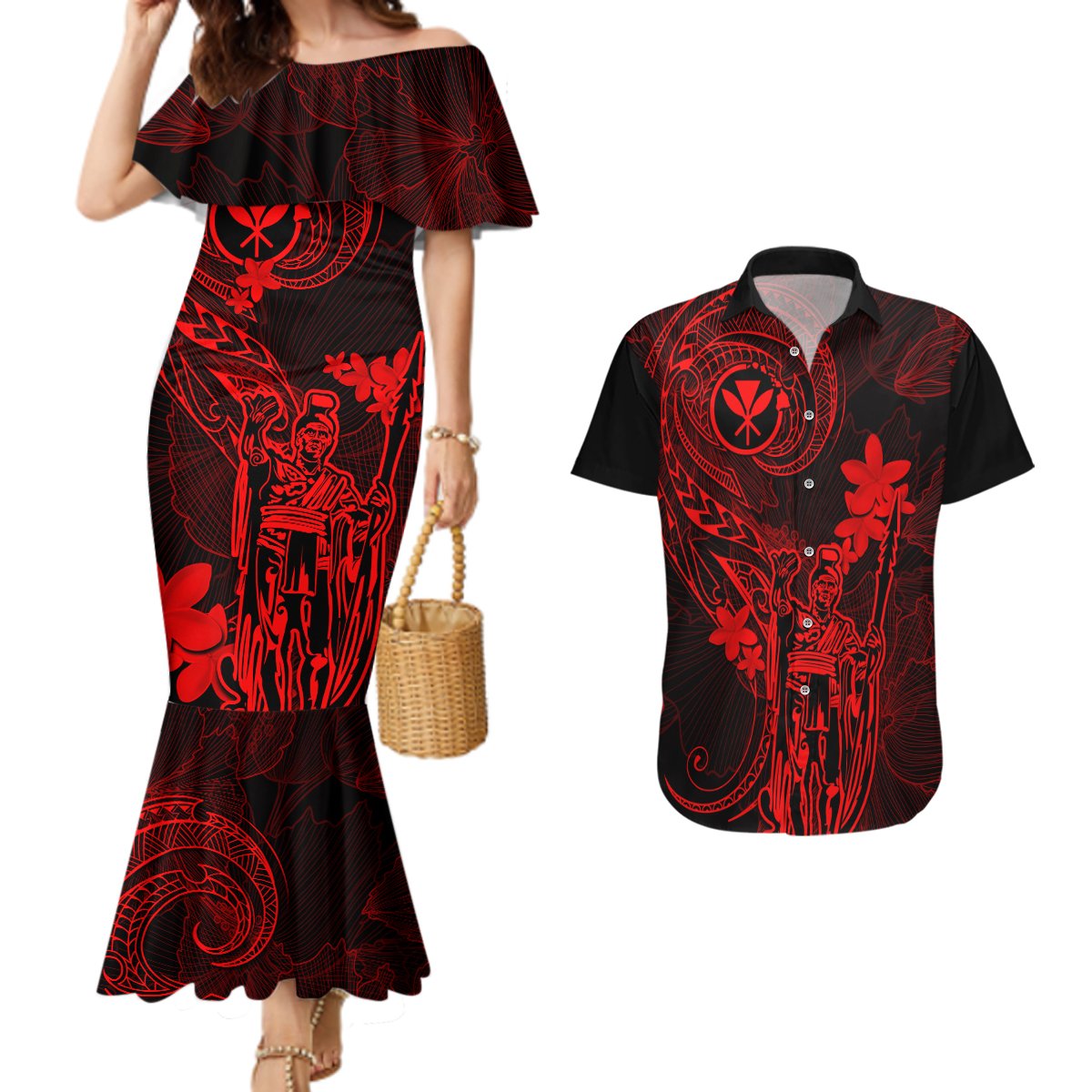 Hawaii Couples Matching Mermaid Dress and Hawaiian Shirt King Kamehameha Mix Polynesian Plumeria Red Version LT14 Red - Polynesian Pride