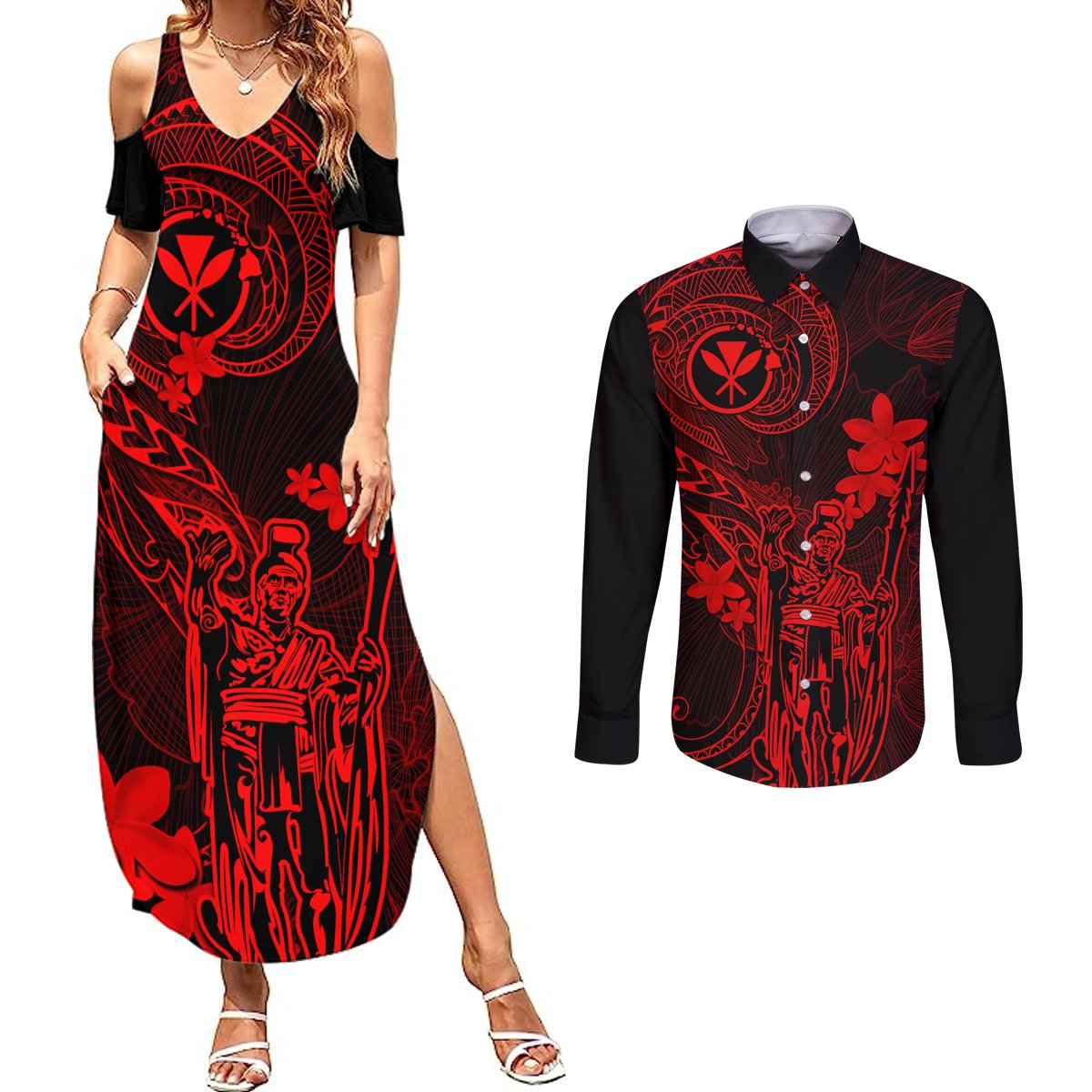Hawaii Couples Matching Summer Maxi Dress and Long Sleeve Button Shirts King Kamehameha Mix Polynesian Plumeria Red Version LT14 Red - Polynesian Pride