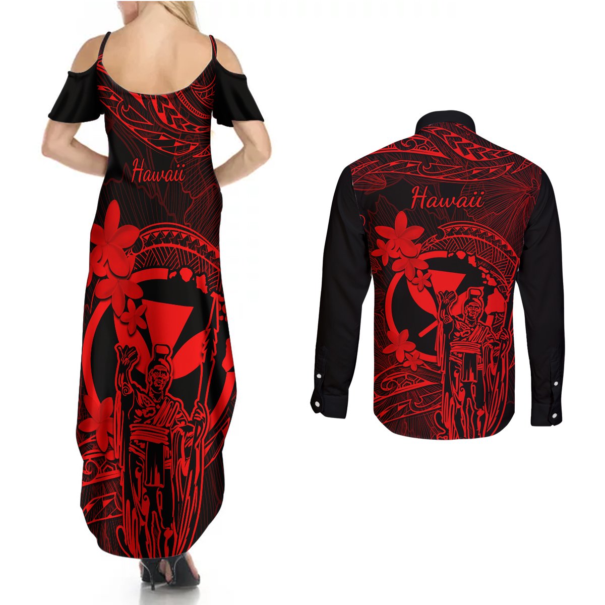 Hawaii Couples Matching Summer Maxi Dress and Long Sleeve Button Shirts King Kamehameha Mix Polynesian Plumeria Red Version LT14 - Polynesian Pride