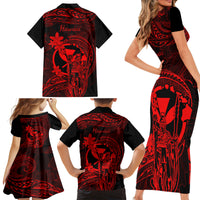 Hawaii Family Matching Short Sleeve Bodycon Dress and Hawaiian Shirt King Kamehameha Mix Polynesian Plumeria Red Version LT14 - Polynesian Pride