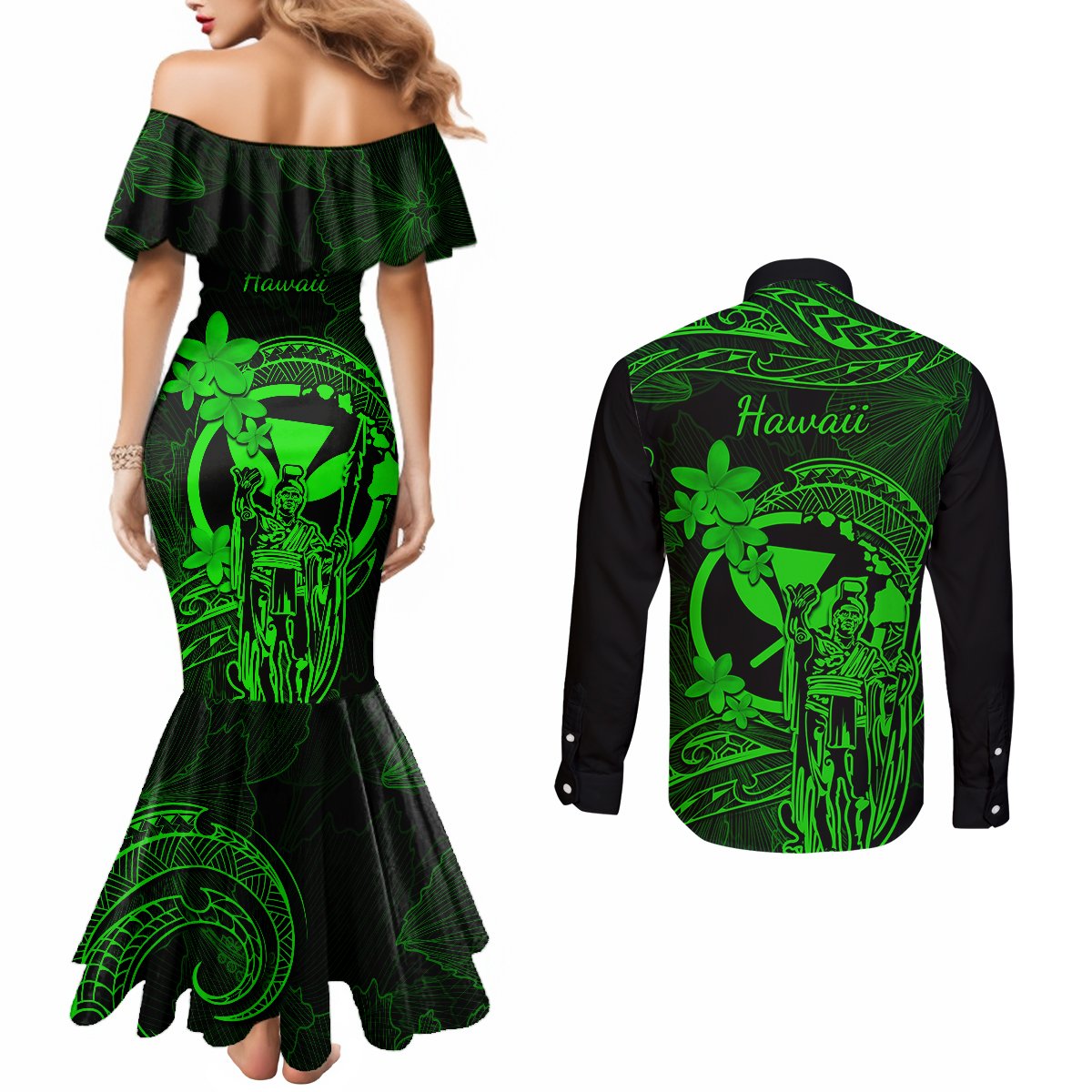 Hawaii Couples Matching Mermaid Dress and Long Sleeve Button Shirts King Kamehameha Mix Polynesian Plumeria Green Version LT14 - Polynesian Pride
