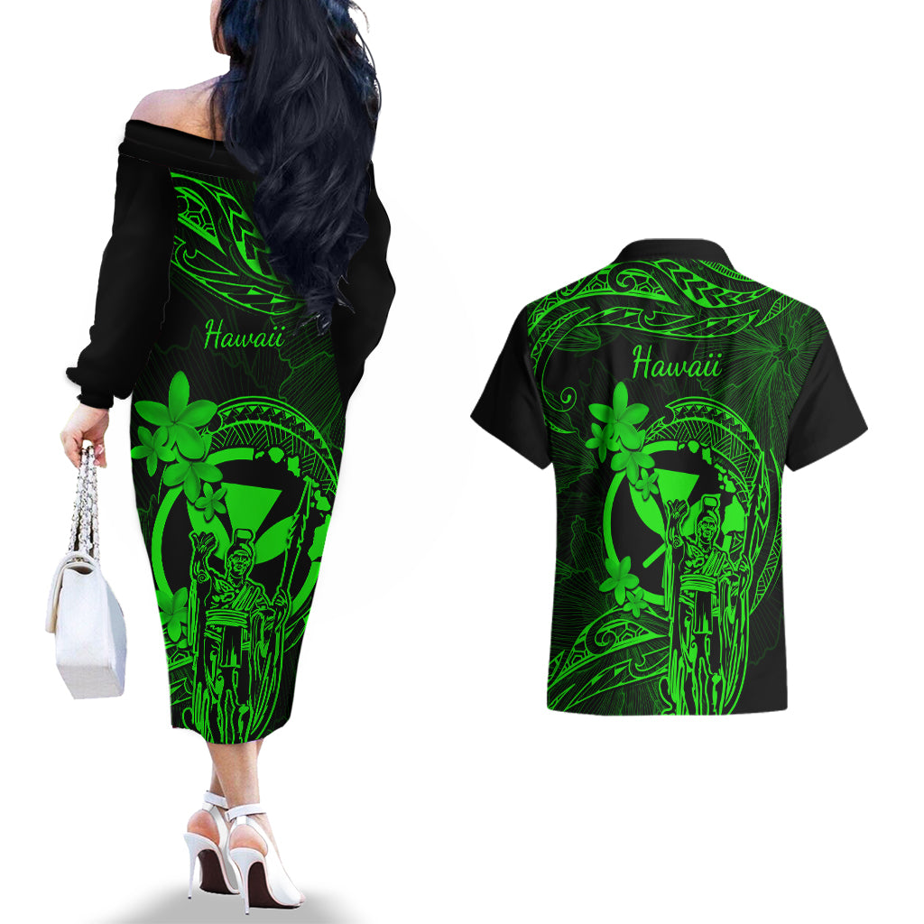 Hawaii Couples Matching Off The Shoulder Long Sleeve Dress and Hawaiian Shirt King Kamehameha Mix Polynesian Plumeria Green Version LT14 - Polynesian Pride