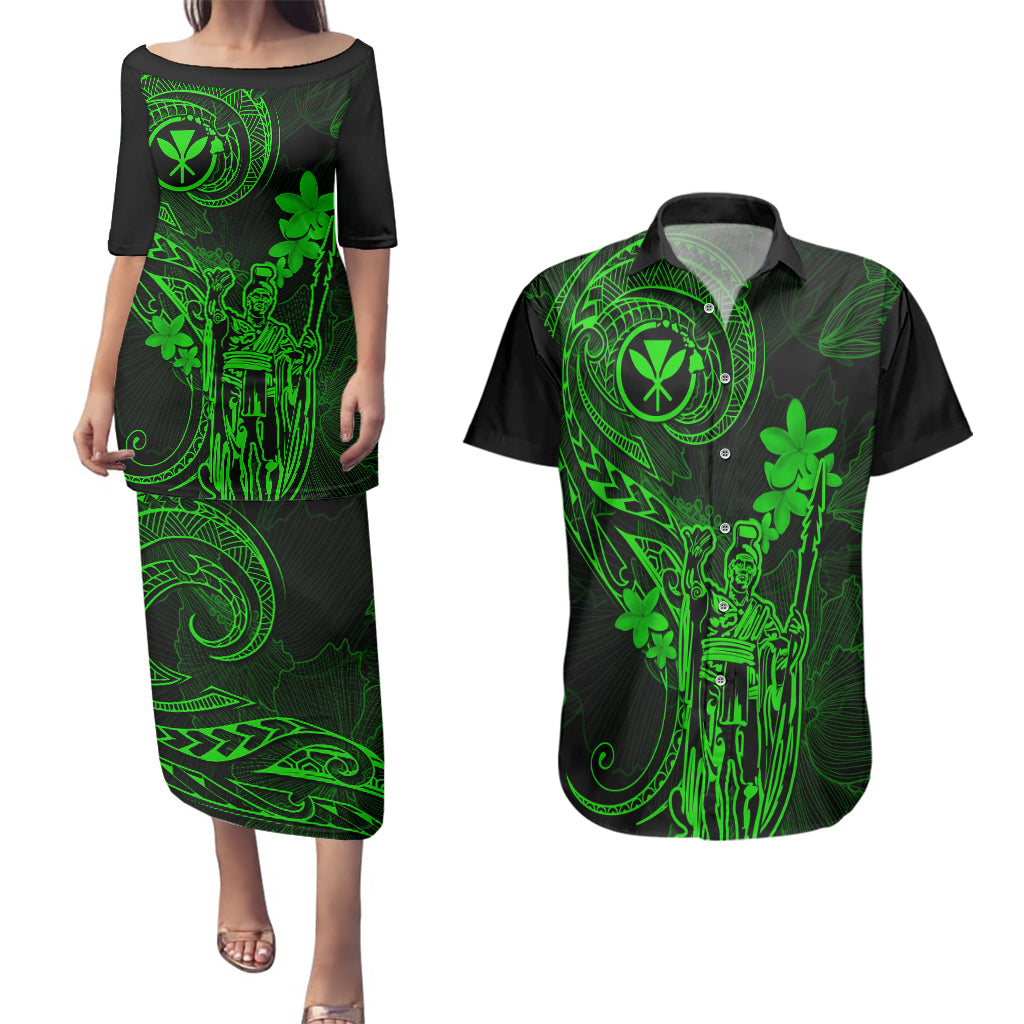 Hawaii Couples Matching Puletasi Dress and Hawaiian Shirt King Kamehameha Mix Polynesian Plumeria Green Version LT14 Green - Polynesian Pride