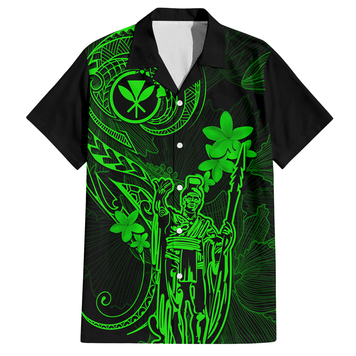 Hawaii Family Matching Off Shoulder Long Sleeve Dress and Hawaiian Shirt King Kamehameha Mix Polynesian Plumeria Green Version LT14 Dad's Shirt - Short Sleeve Green - Polynesian Pride