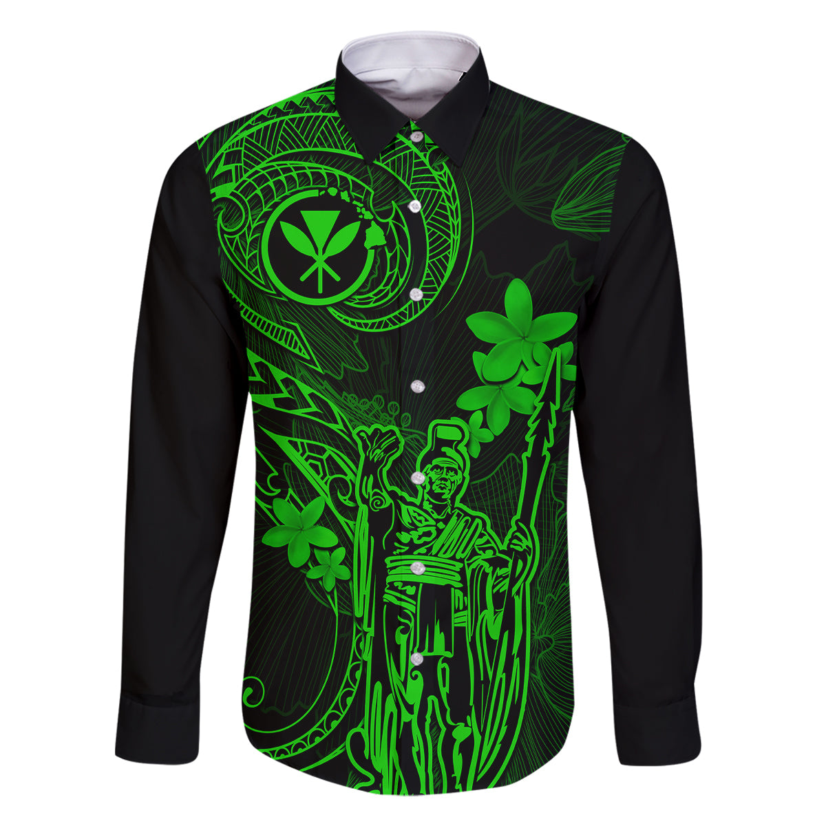 Hawaii Family Matching Off Shoulder Long Sleeve Dress and Hawaiian Shirt King Kamehameha Mix Polynesian Plumeria Green Version LT14 Dad's Shirt - Long Sleeve Green - Polynesian Pride