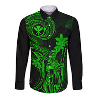 Hawaii Long Sleeve Button Shirt King Kamehameha Mix Polynesian Plumeria Green Version LT14 Unisex Green - Polynesian Pride