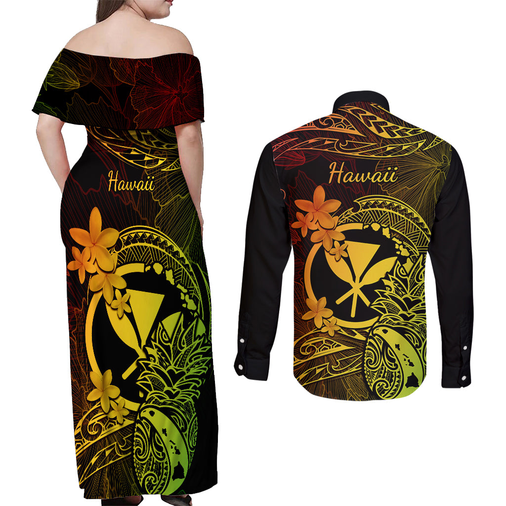 Hawaii Couples Matching Off Shoulder Maxi Dress and Long Sleeve Button Shirts Pineapple Mix Polynesian Plumeria Reggae Version LT14 - Polynesian Pride