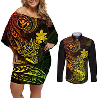 Hawaii Couples Matching Off Shoulder Short Dress and Long Sleeve Button Shirts Pineapple Mix Polynesian Plumeria Reggae Version LT14 Reggae - Polynesian Pride