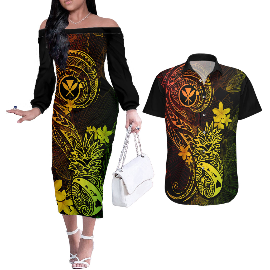 Hawaii Couples Matching Off The Shoulder Long Sleeve Dress and Hawaiian Shirt Pineapple Mix Polynesian Plumeria Reggae Version LT14 Reggae - Polynesian Pride