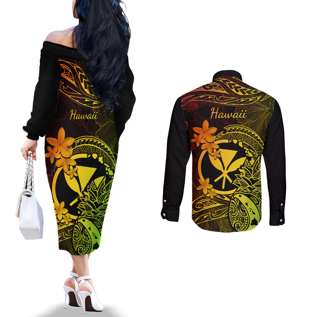 Hawaii Couples Matching Off The Shoulder Long Sleeve Dress and Long Sleeve Button Shirts Pineapple Mix Polynesian Plumeria Reggae Version LT14 - Polynesian Pride