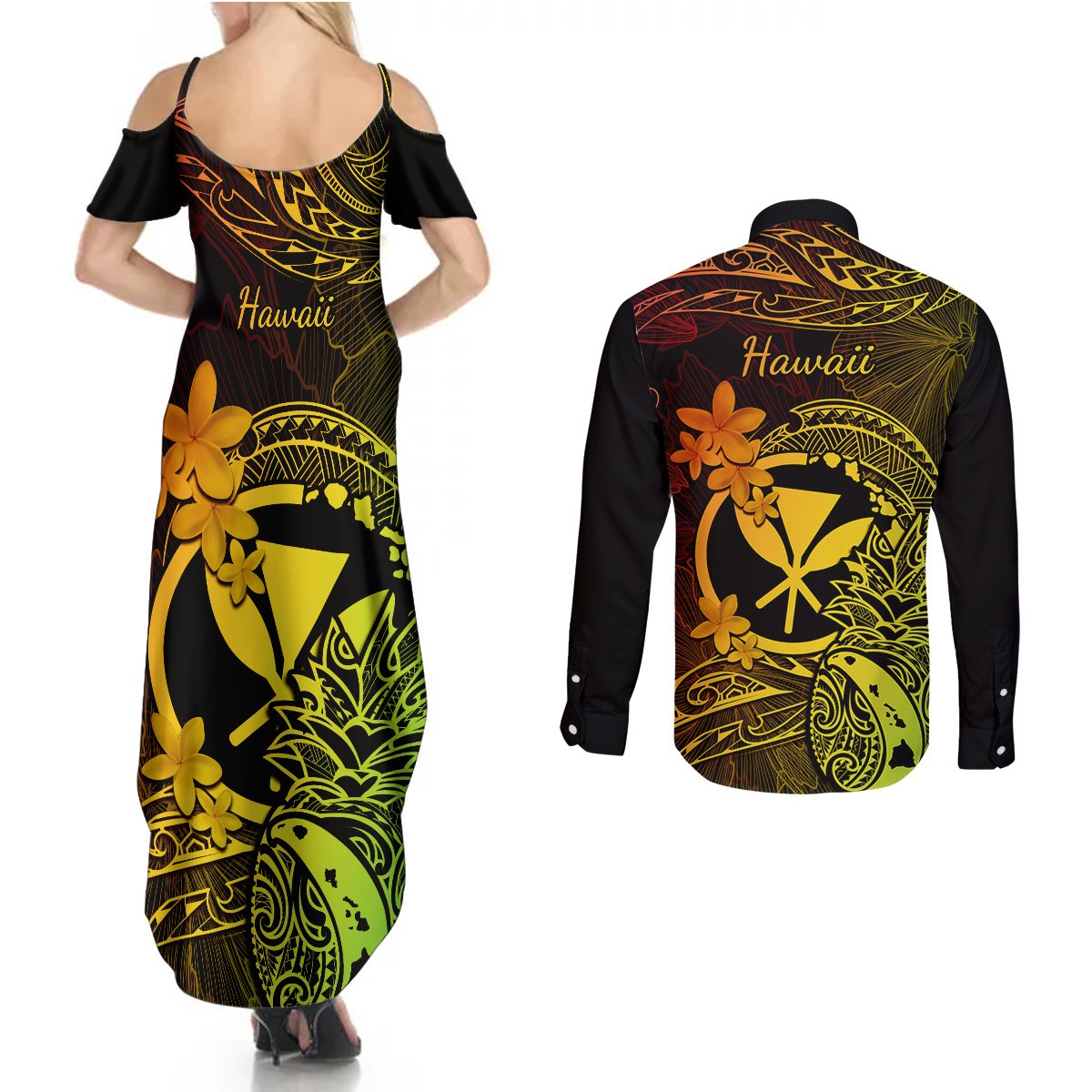 Hawaii Couples Matching Summer Maxi Dress and Long Sleeve Button Shirts Pineapple Mix Polynesian Plumeria Reggae Version LT14 - Polynesian Pride