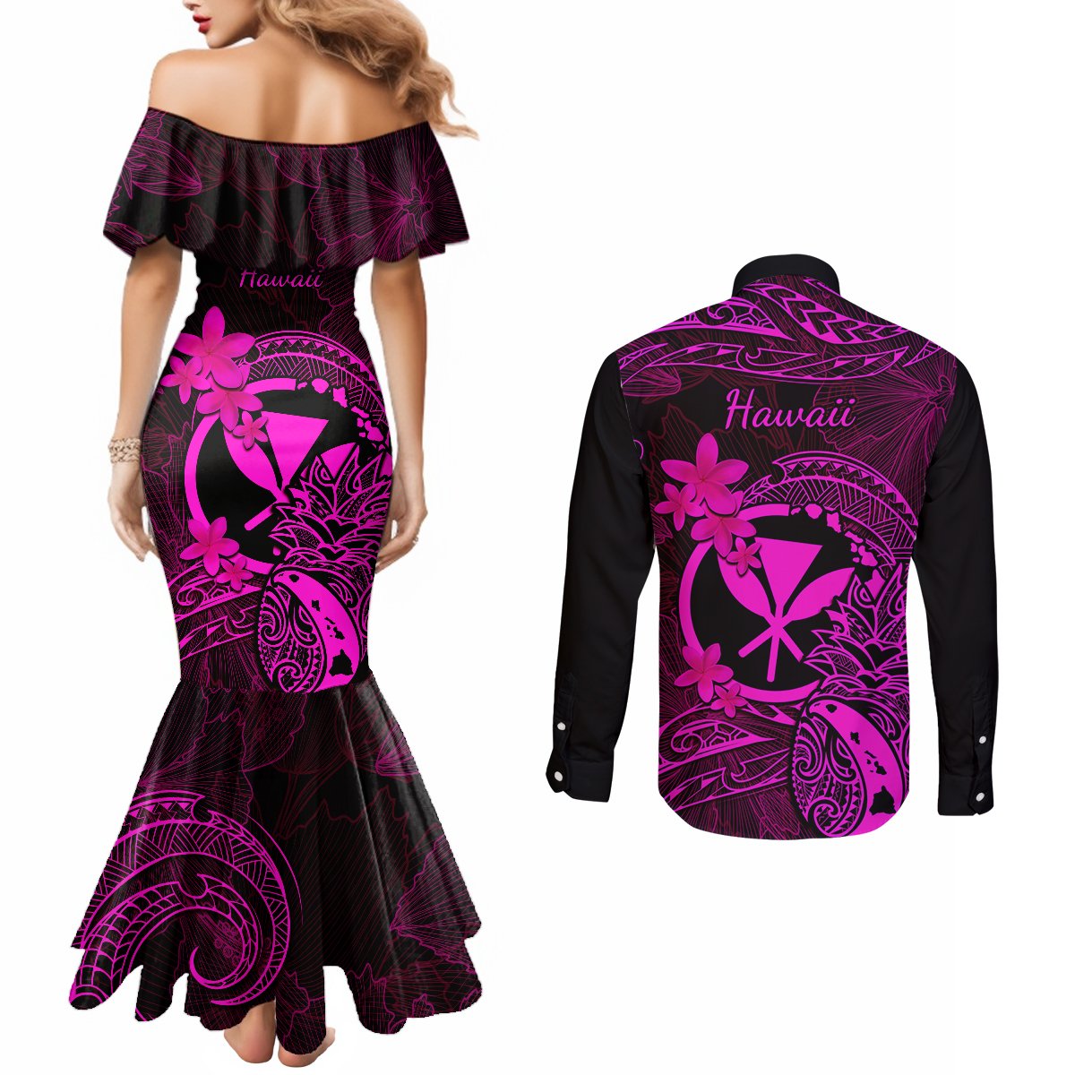 Hawaii Couples Matching Mermaid Dress and Long Sleeve Button Shirts Pineapple Mix Polynesian Plumeria Pink Version LT14 - Polynesian Pride