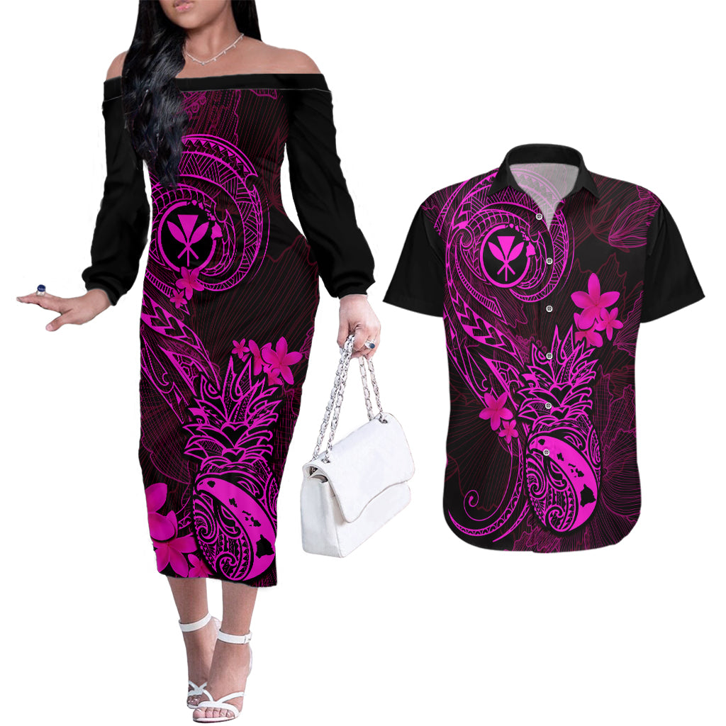 Hawaii Couples Matching Off The Shoulder Long Sleeve Dress and Hawaiian Shirt Pineapple Mix Polynesian Plumeria Pink Version LT14 Pink - Polynesian Pride